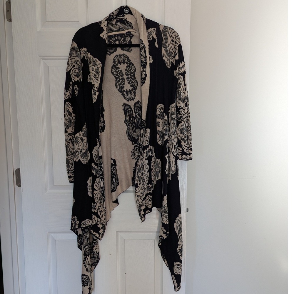 Open Front Cardigan Black Tan Damask Lace Print Waterfall Draped Sz M Artsy